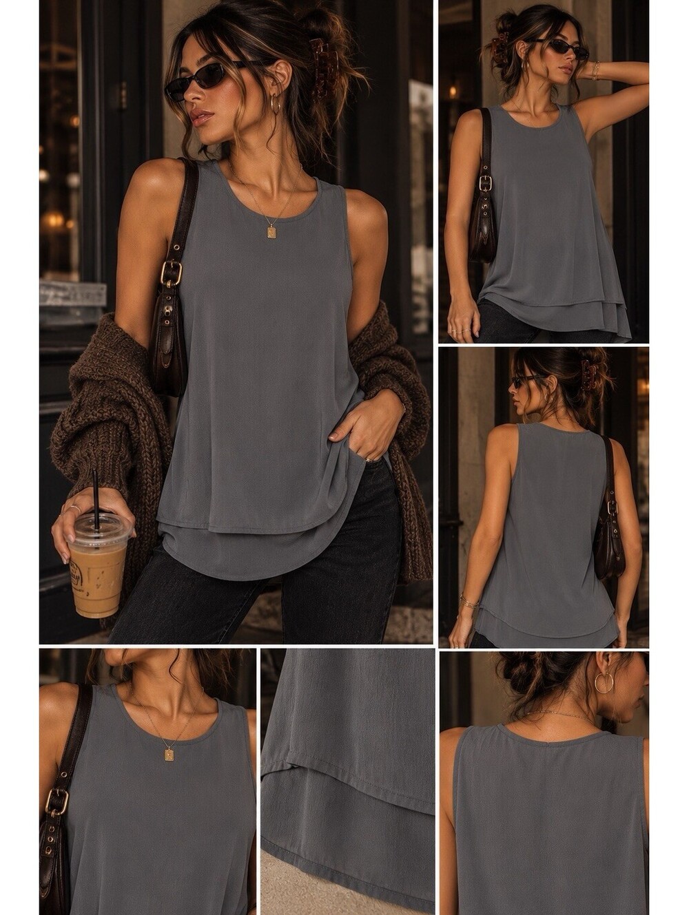 Eileen Fisher 100% Silk Georgette Crepe Ballet Neck Long Tank Tunic XS grove